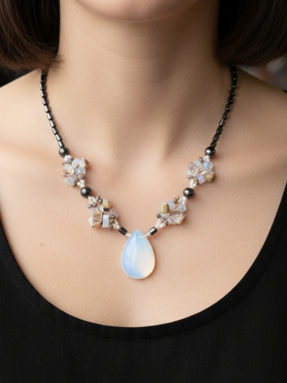 Opalite Teardrop Pendant Necklace with Black Bead Chain - Unbranded